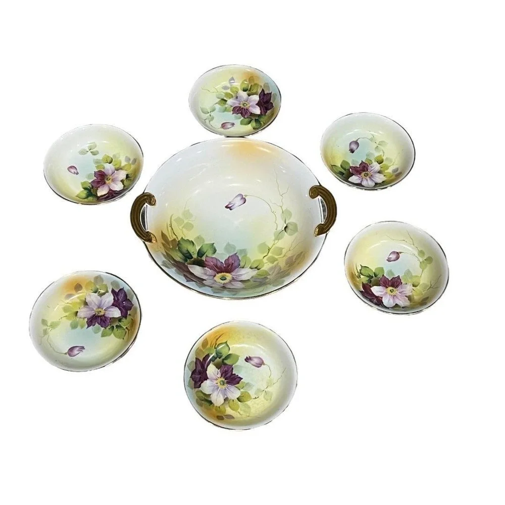 Vintage Hand Painted Berry Bowl‎ Set Purple Clematis Floral Porcelain 7 Piece